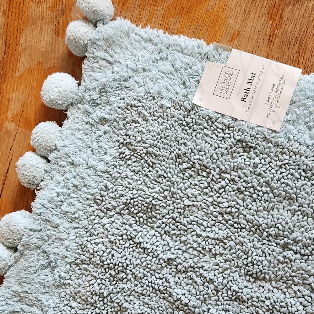 Boho Bath Mat Rug with Ball Fringe Blue Cotton pompoms